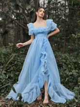 Elegant Ruffle Trim Puff Sleeves Organza Dress - Elonnashop